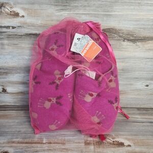 Old Navy Womens Reindeer Fleece Slippers Pink Magenta Holiday Gift Set Small 7-8